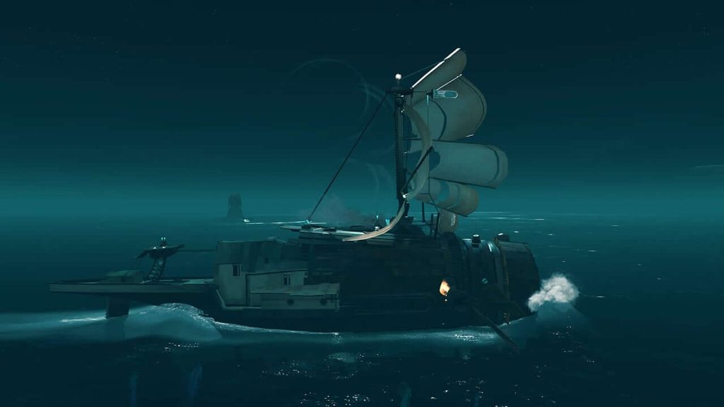 FAR: Changing Tides — Лодка-подлодка разрезает серые волны, на палубе стоит одинокий герой