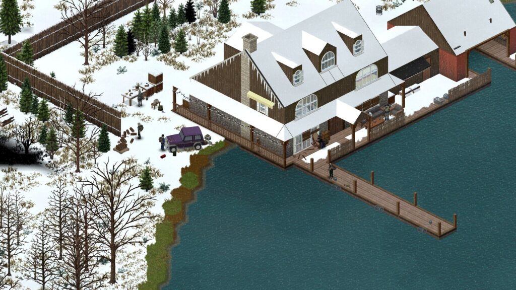 Project Zomboid: выживший осматривает заброшенный город, зомби на улице