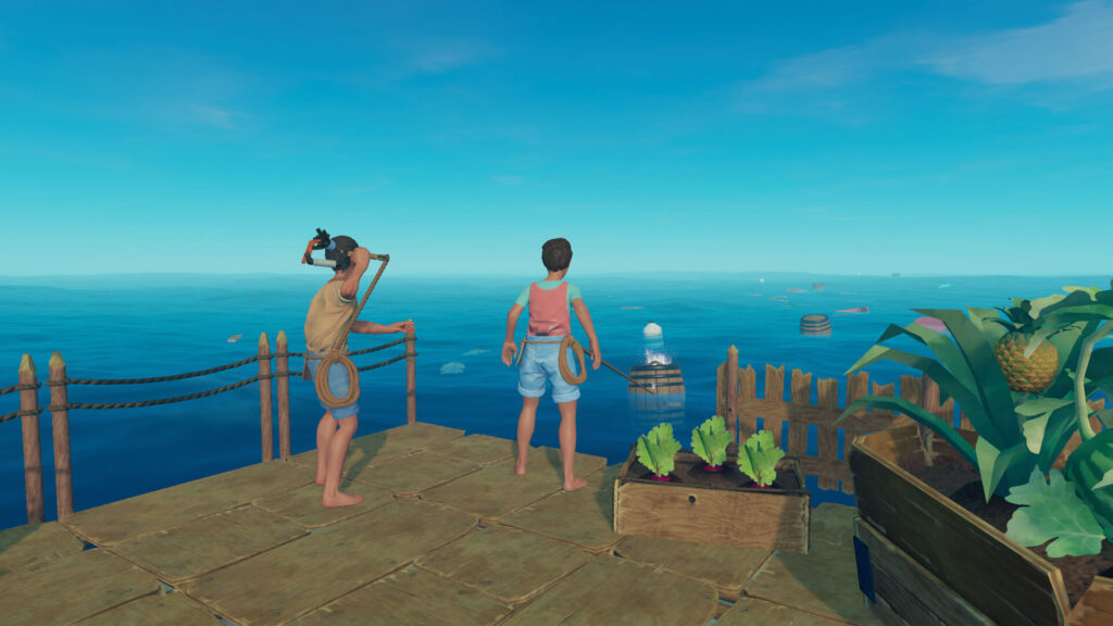 Raft: плот в океане, герой ловит мусор крюком, акула у борта