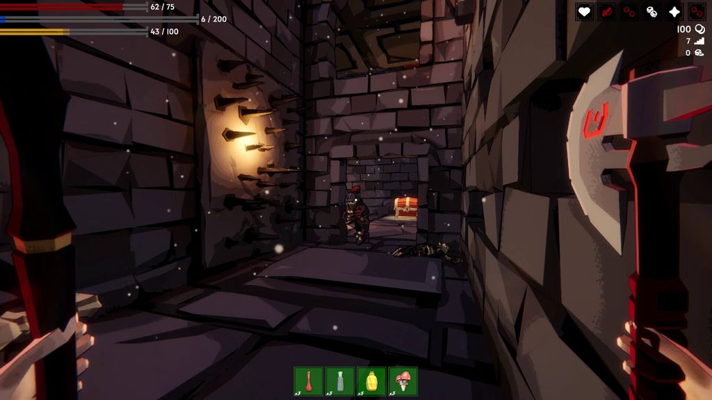 Скриншот Fell & Sell: вид от первого лица, занесённый над врагом меч, настенные ловушки.